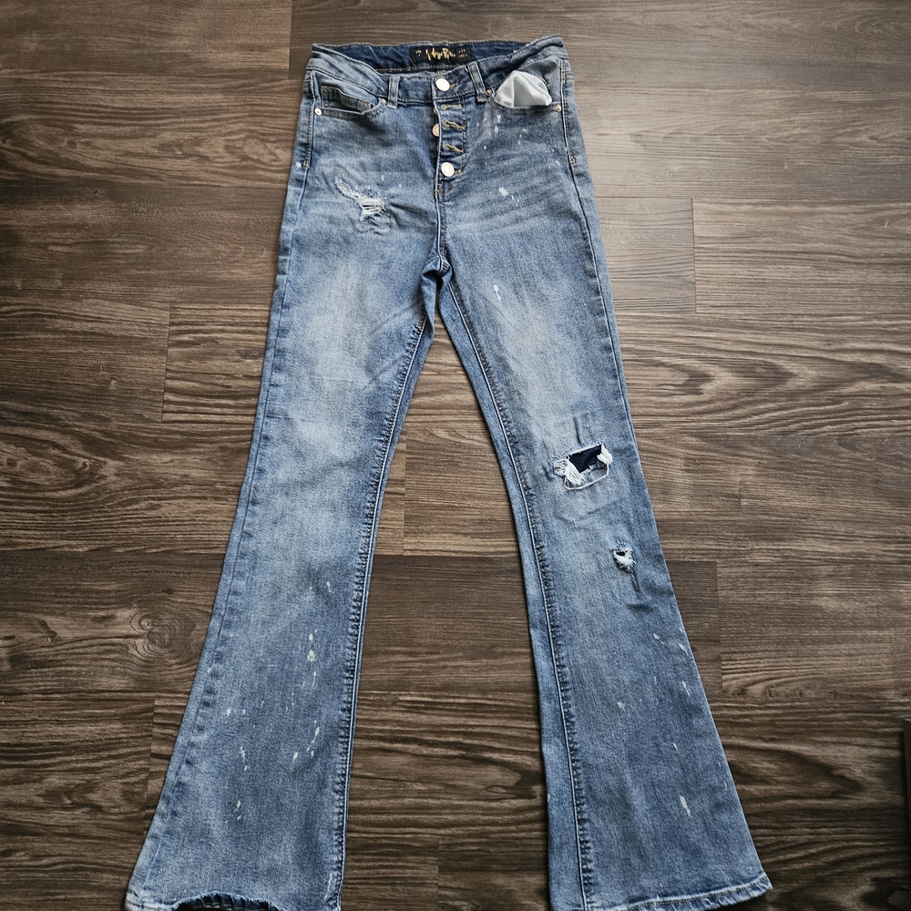 Indigo Rein Distressed Light Blue Flare Jeans Size 7